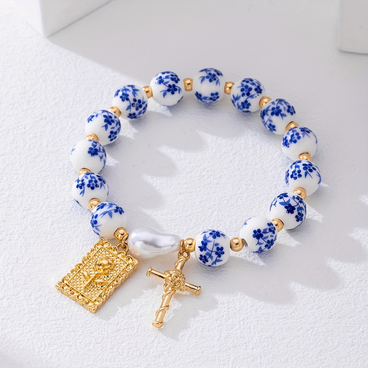 Floral Bead Bracelet with Cross Pendant, Retro Style
